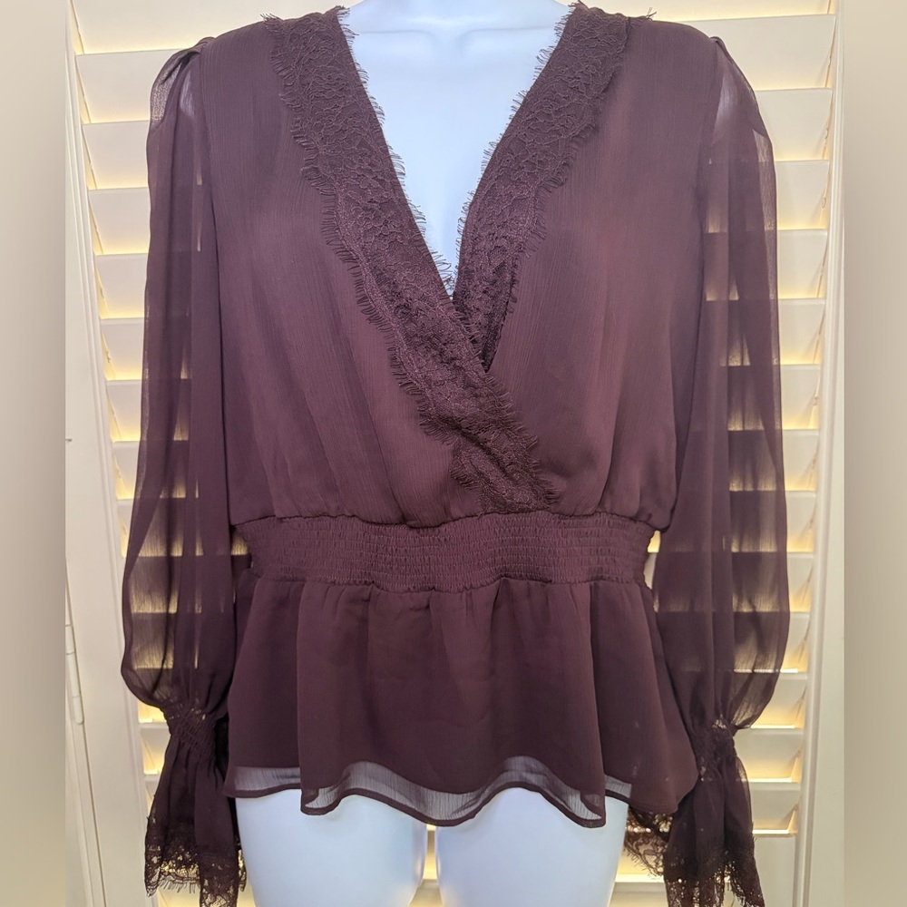 Express Sheer Lace Trim Peplum Blouse – Plum Purple, Size M